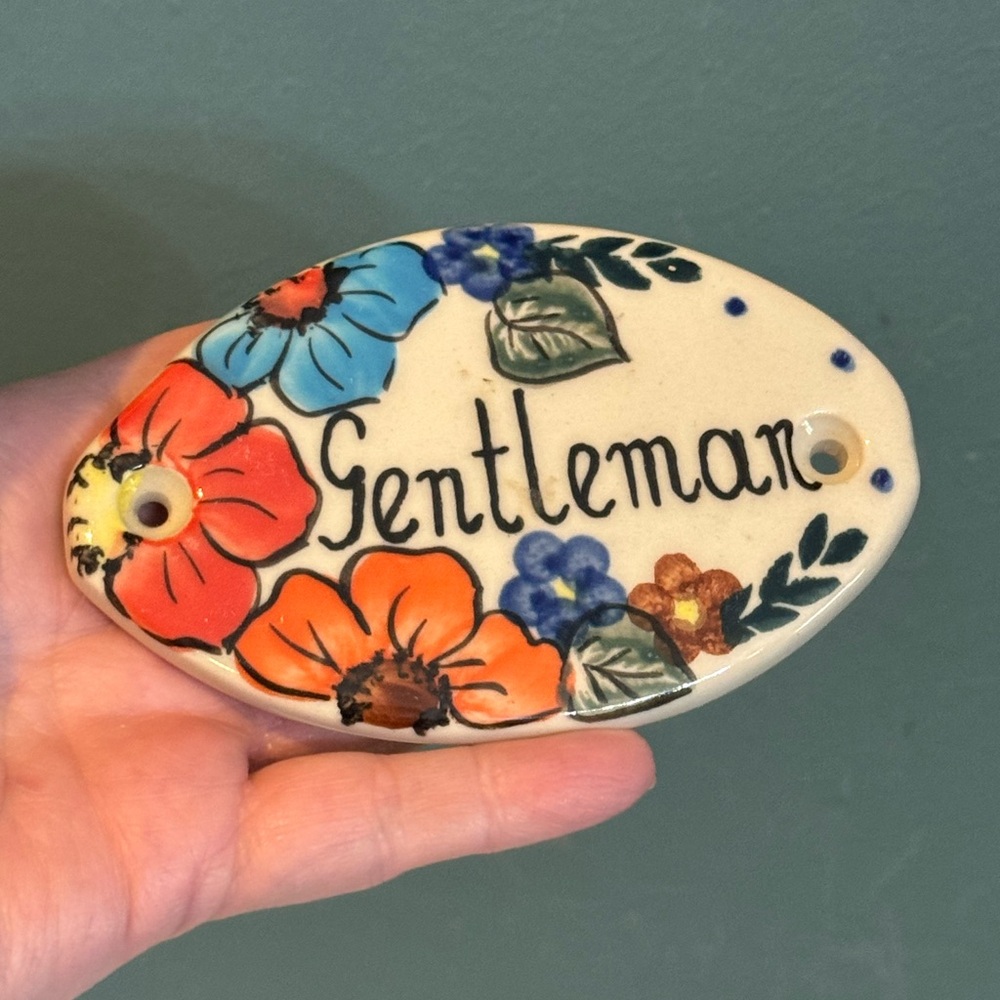 Unikat Polish Pottery “Gentleman” Ceramic Sign, Oval With Flowers, 4.25”